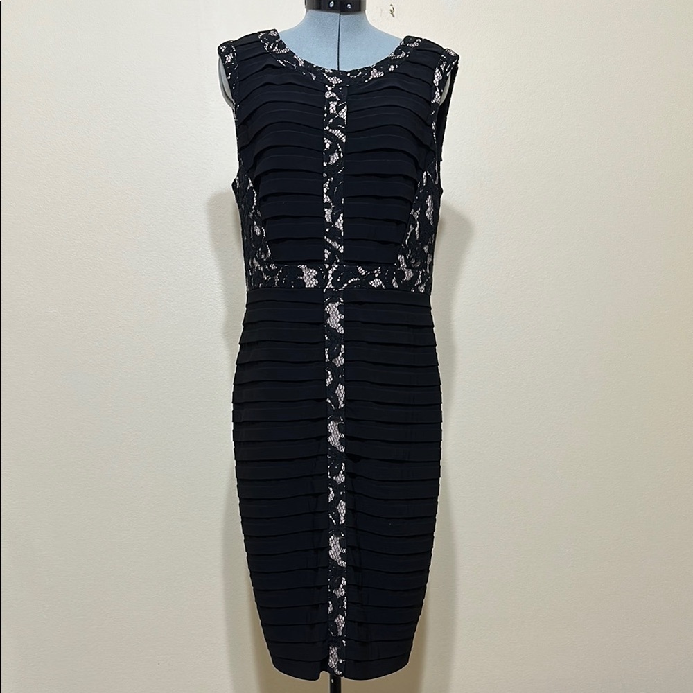 Adrianna Papell Black Sheath Midi‎ Dress with Silver Embellishments